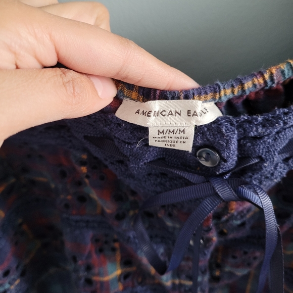 American Eagle Blue Plaid and Lace Crop Top in Medium - Picture 5 of 5